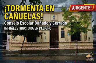 Fachada del Consejo Escolar de Cañuelas con cintas de peligro tras los daños sufridos en el techo por el fuerte temporal.