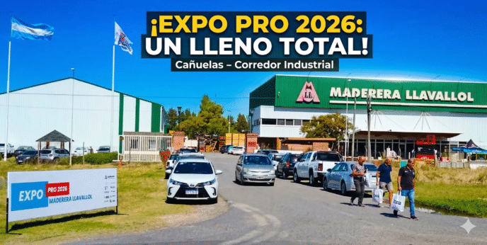 Fachada de la planta de Maderera Llavallol repleta de visitantes durante la exitosa Expo Pro 2026 en la Ruta 6 de Cañuelas.