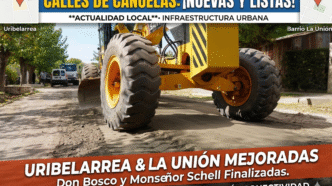 Maquinaria vial realizando trabajos de mejorado en calles de Uribelarrea y barrio La Unión, Cañuelas.