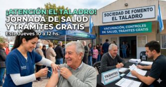 Imagen miniatura de la jornada de salud gratuita en El Taladro Cañuelas con texto grande que dice '¡ATENCIÓN EL TALADRO! JORNADA DE SALUD Y TRÁMITES GRATIS' y 'Este Jueves 10 a 12 hs.', mostrando vacunación y asesoramiento CUD en la Sociedad de Fomento.