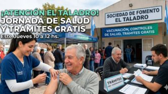 Imagen miniatura de la jornada de salud gratuita en El Taladro Cañuelas con texto grande que dice '¡ATENCIÓN EL TALADRO! JORNADA DE SALUD Y TRÁMITES GRATIS' y 'Este Jueves 10 a 12 hs.', mostrando vacunación y asesoramiento CUD en la Sociedad de Fomento.