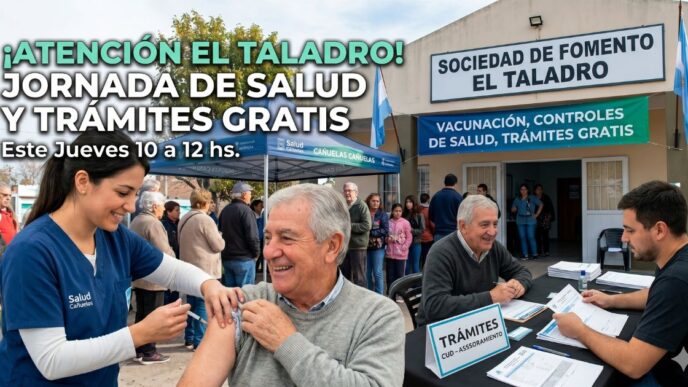 Imagen miniatura de la jornada de salud gratuita en El Taladro Cañuelas con texto grande que dice '¡ATENCIÓN EL TALADRO! JORNADA DE SALUD Y TRÁMITES GRATIS' y 'Este Jueves 10 a 12 hs.', mostrando vacunación y asesoramiento CUD en la Sociedad de Fomento.