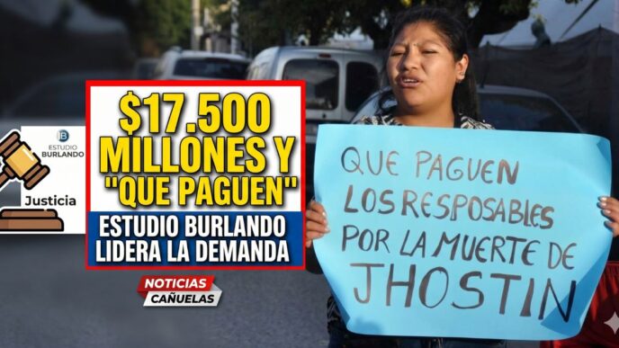 Madre de Jhostin Condori con cartel exigiendo justicia. Escándalo en Cañuelas por demanda millonaria al Municipio en el Caso Jhostin.