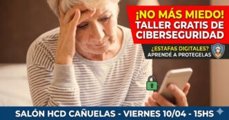 Mujer mayor preocupada por estafas mirando su celular - Taller de ciberseguridad en Cañuelas para evitar fraudes digitales.