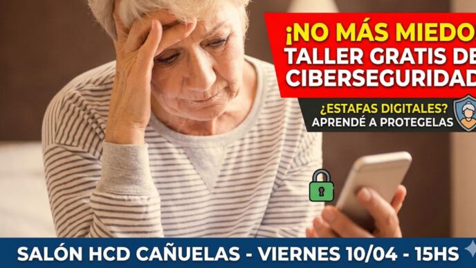 Mujer mayor preocupada por estafas mirando su celular - Taller de ciberseguridad en Cañuelas para evitar fraudes digitales.
