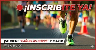 Afiche promocional de la maratón Cañuelas Corre 2026 organizada por el Cañuelas Fútbol Club. Atletas corriendo en la calle para el evento del 1 de mayo.