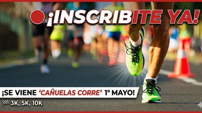Afiche promocional de la maratón Cañuelas Corre 2026 organizada por el Cañuelas Fútbol Club. Atletas corriendo en la calle para el evento del 1 de mayo.