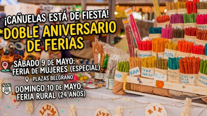 Cartel promocional del doble aniversario de ferias en Cañuelas con puestos de emprendedores: Feria de Mujeres el 9 de mayo en Plaza Belgrano y los 24 años de la Feria Rural el 10 de mayo en la Ruta 205.