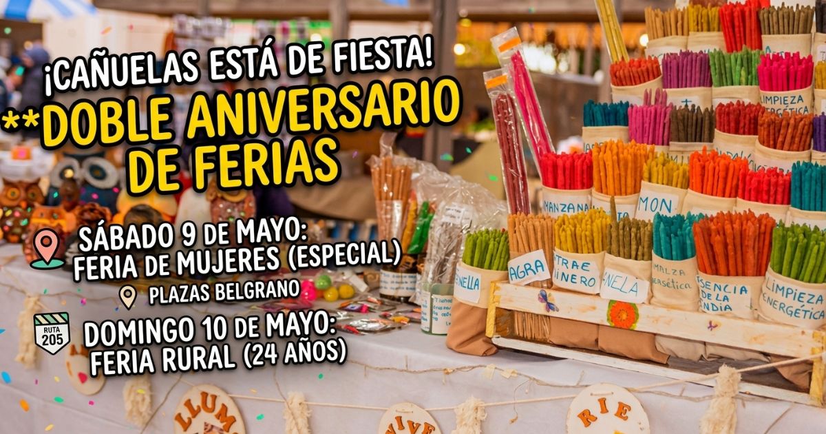 Cartel promocional del doble aniversario de ferias en Cañuelas con puestos de emprendedores: Feria de Mujeres el 9 de mayo en Plaza Belgrano y los 24 años de la Feria Rural el 10 de mayo en la Ruta 205.