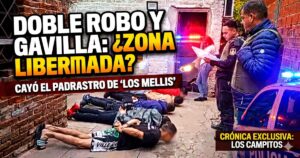 Miniatura de noticia de inseguridad en Cañuelas mostrando allanamiento con detenidos en el piso y policías, con texto "DOBLE ROBO Y GAVILLA".