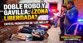 Miniatura de noticia de inseguridad en Cañuelas mostrando allanamiento con detenidos en el piso y policías, con texto "DOBLE ROBO Y GAVILLA".