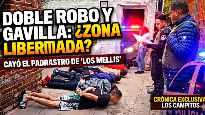 Miniatura de noticia de inseguridad en Cañuelas mostrando allanamiento con detenidos en el piso y policías, con texto "DOBLE ROBO Y GAVILLA".