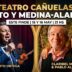 Palito Ortega cantando en vivo y los actores Claribel Medina y Pablo Alarcón sonriendo, en el cartel del Teatro Cañuelas para los shows del 15 y 16 de mayo.