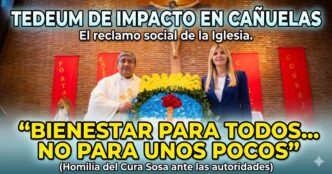 Imagen de portada de impacto para noticia sobre el Tedeum de Cañuelas por el 25 de Mayo, mostrando a la intendenta Marisa Fassi y al cura Federico Sosa ante el altar, una gran escarapela floral, un crucifijo grande y banners rojos. Contiene texto superpuesto destacado: "TEDEUM DE IMPACTO EN CAÑUELAS", "El reclamo social de la Iglesia.", y la cita clave en amarillo: "“BIENESTAR PARA TODOS... NO PARA UNOS POCOS”".