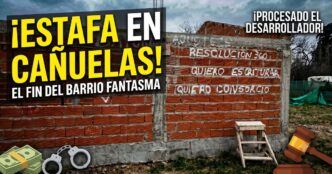 Estafa inmobiliaria en Cañuelas: pared con pintadas de vecinos exigiendo escrituras en Praderas 57 tras el fraude de Manuel Bayón
