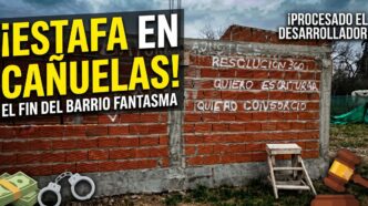 Estafa inmobiliaria en Cañuelas: pared con pintadas de vecinos exigiendo escrituras en Praderas 57 tras el fraude de Manuel Bayón