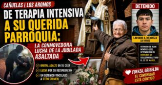 Griselda Arburúa, la jubilada de Cañuelas que conmovió a todos, sonriendo y señalando una estatua de la Virgen del Carmen en su primera salida de la iglesia tras el asalto, simbolizando su recuperación.