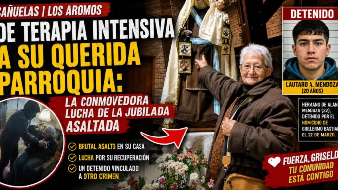 Griselda Arburúa, la jubilada de Cañuelas que conmovió a todos, sonriendo y señalando una estatua de la Virgen del Carmen en su primera salida de la iglesia tras el asalto, simbolizando su recuperación.