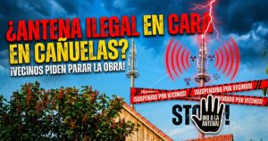 Estructura metálica de antena de telecomunicaciones instalada en zona residencial de Cañuelas, foco de conflicto vecinal por falta de permisos municipales.