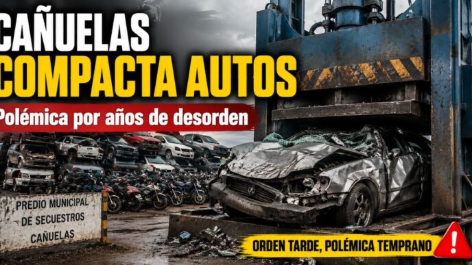 Miniatura de noticia sobre la compactación de autos en Cañuelas, con vehículos secuestrados, maquinaria pesada y una fuerte crítica al desorden municipal.