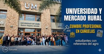 Grupo de estudiantes y referentes del agro frente al Centro Regional Cañuelas de la Universidad de Morón durante la cumbre sobre el mercado inmobiliario rural y tasación de campos.