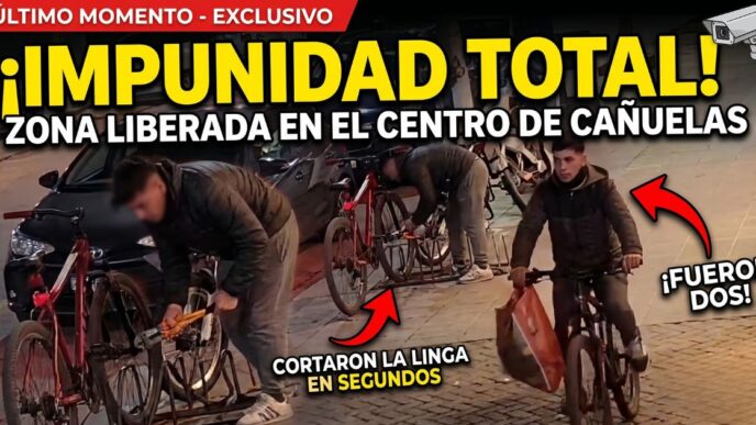 Video de seguridad muestra el momento exacto del robo en Cañuelas donde dos delincuentes roban una bicicleta a plena luz del día en Avenida Libertad.